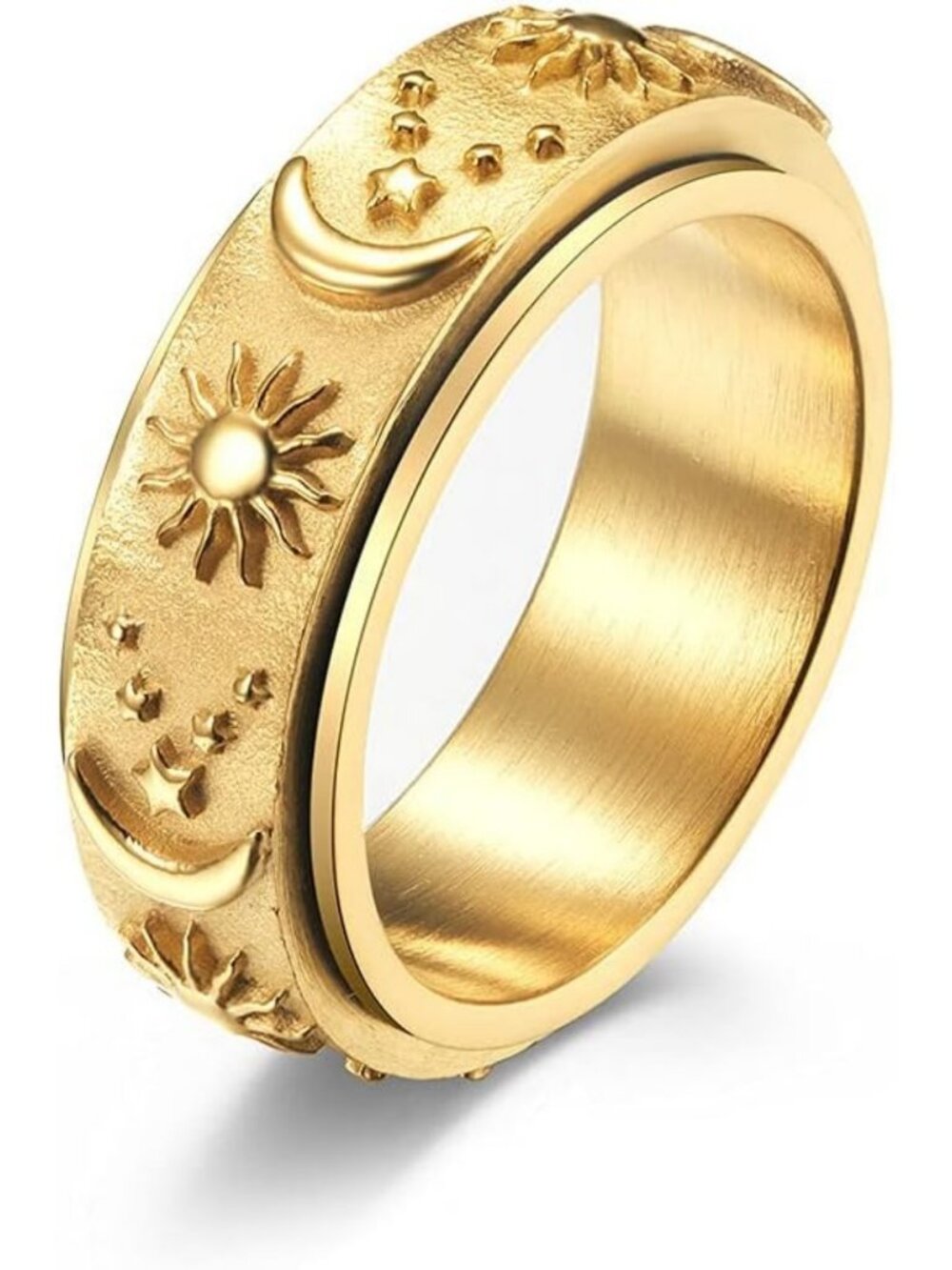 Anxiety Relief Fidget Spinner Ring - Stainless Steel Sun Moon Star, Size 6-10